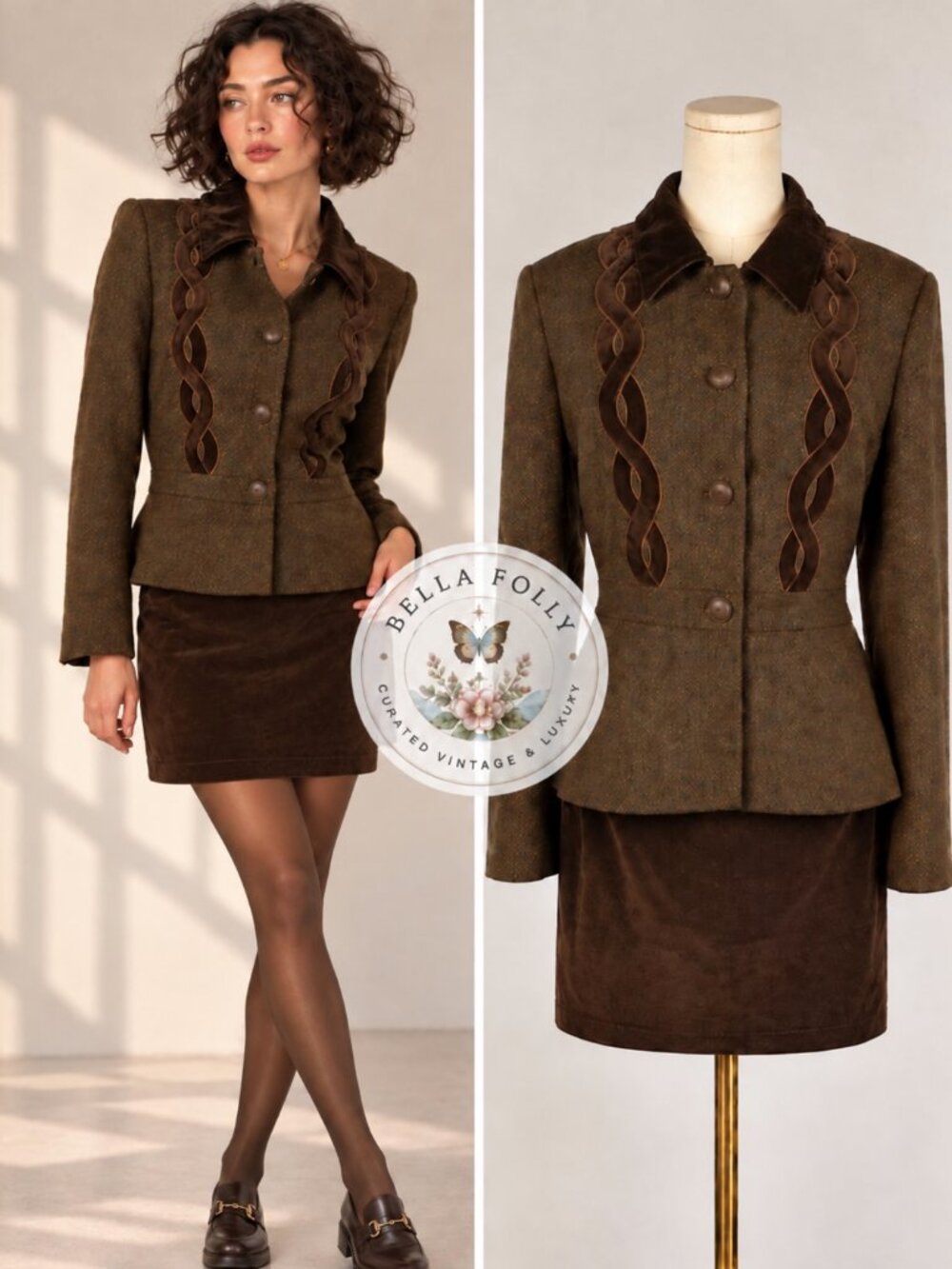 Vintage Y2K Nanette Lepore Brown Tweed Velvet Mini Skirt Suit Made in USA